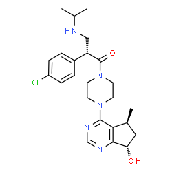 ChemSpider 2D Image | (2R)-2-(4-Chlorophenyl)-1-{4-[(5S,7S)-7-hydroxy-5-methyl-6,7-dihydro-5H-cyclopenta[d]pyrimidin-4-yl]-1-piperazinyl}-3-(isopropylamino)-1-propanone | C24H32ClN5O2