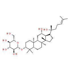 ChemSpider 2D Image | (3alpha,5beta,8alpha,9beta,10alpha,12alpha,13alpha,14beta,17alpha,20R)-12,20-Dihydroxydammar-24-en-3-yl beta-L-glucopyranoside | C36H62O8
