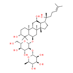 ChemSpider 2D Image | (3alpha,5beta,6beta,8alpha,9beta,10alpha,12alpha,13alpha,14beta,17alpha,20R)-3,12,20-Trihydroxydammar-24-en-6-yl 2-O-(6-deoxy-alpha-D-mannopyranosyl)-beta-L-glucopyranoside | C42H72O13