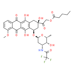 ChemSpider 2D Image | 2-Oxo-2-[(2R,4R)-2,5,12-trihydroxy-7-methoxy-6,11-dioxo-4-({2,3,6-trideoxy-3-[(trifluoroacetyl)amino]-alpha-D-lyxo-hexopyranosyl}oxy)-1,2,3,4,6,11-hexahydro-2-tetracenyl]ethyl valerate | C34H36F3NO13