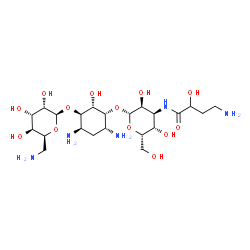 ChemSpider 2D Image | (1R,2R,3R,4R,6R)-4,6-Diamino-3-[(6-amino-6-deoxy-beta-L-gulopyranosyl)oxy]-2-hydroxycyclohexyl 3-[(4-amino-2-hydroxybutanoyl)amino]-3-deoxy-beta-L-gulopyranoside | C22H43N5O13