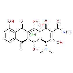 ChemSpider 2D Image | (4R,4aS,5R,5aS,12aR)-4-(Dimethylamino)-3,5,10,12,12a-pentahydroxy-6-methylene-1,11-dioxo-1,4,4a,5,5a,6,11,12a-octahydro-2-tetracenecarboxamide hydrochloride (1:1) | C22H23ClN2O8