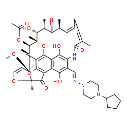 ChemSpider 2D Image | (7S,9Z,11S,13S,14R,15R,16R,17S,18S,19Z)-26-{(E)-[(4-Cyclopentyl-1-piperazinyl)imino]methyl}-2,15,17,27,29-pentahydroxy-11-methoxy-3,7,12,14,16,18,22-heptamethyl-6,23-dioxo-8,30-dioxa-24-azatetracyclo[
23.3.1.1~4,7~.0~5,28~]triaconta-1(28),2,4,9,19,21,25(29),26-octaen-13-yl acetate | C47H64N4O12