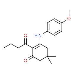 ChemSpider 2D Image | 2-Butyryl-3-(4-methoxy-phenylamino)-5,5-dimethyl-cyclohex-2-enone | C19H25NO3