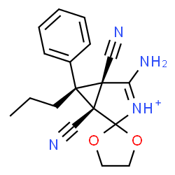 ChemSpider 2D Image | (1R,5S,6R)-4-Amino-1,5-dicyano-6-phenyl-6-propylspiro[3-azoniabicyclo[3.1.0]hex-3-ene-2,2'-[1,3]dioxolane] | C18H19N4O2