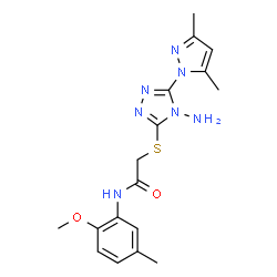 ChemSpider 2D Image | 2-{[4-Amino-5-(3,5-dimethyl-1H-pyrazol-1-yl)-4H-1,2,4-triazol-3-yl]sulfanyl}-N-(2-methoxy-5-methylphenyl)acetamide | C17H21N7O2S