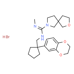 ChemSpider 2D Image | N-{[1-(2,3-Dihydro-1,4-benzodioxin-6-yl)cyclopentyl]methyl}-N'-methyl-2-oxa-7-azaspiro[4.4]nonane-7-carboximidamide hydrobromide (1:1) | C23H34BrN3O3