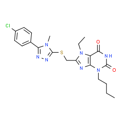 ChemSpider 2D Image | 3-Butyl-8-({[5-(4-chlorophenyl)-4-methyl-4H-1,2,4-triazol-3-yl]sulfanyl}methyl)-7-ethyl-3,7-dihydro-1H-purine-2,6-dione | C21H24ClN7O2S