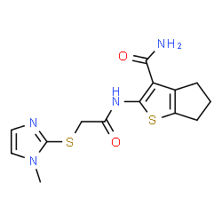 ChemSpider 2D Image | 2-({[(1-Methyl-1H-imidazol-2-yl)sulfanyl]acetyl}amino)-5,6-dihydro-4H-cyclopenta[b]thiophene-3-carboxamide | C14H16N4O2S2