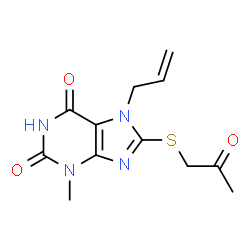 ChemSpider 2D Image | 7-Allyl-3-methyl-8-[(2-oxopropyl)sulfanyl]-3,7-dihydro-1H-purine-2,6-dione | C12H14N4O3S