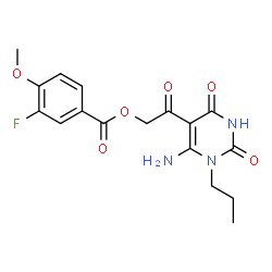 ChemSpider 2D Image | 2-(6-Amino-2,4-dioxo-1-propyl-1,2,3,4-tetrahydro-5-pyrimidinyl)-2-oxoethyl 3-fluoro-4-methoxybenzoate | C17H18FN3O6