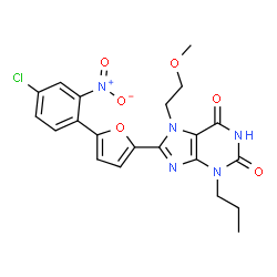 ChemSpider 2D Image | 8-[5-(4-Chloro-2-nitrophenyl)-2-furyl]-7-(2-methoxyethyl)-3-propyl-3,7-dihydro-1H-purine-2,6-dione | C21H20ClN5O6