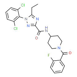 ChemSpider 2D Image | 1-(2,6-Dichlorophenyl)-5-ethyl-N-[1-(2-fluorobenzoyl)-4-piperidinyl]-1H-1,2,4-triazole-3-carboxamide | C23H22Cl2FN5O2