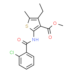 ChemSpider 2D Image | Methyl 2-[(2-chlorobenzoyl)amino]-4-ethyl-5-methyl-3-thiophenecarboxylate | C16H16ClNO3S