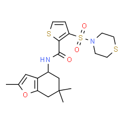 ChemSpider 2D Image | 3-(4-Thiomorpholinylsulfonyl)-N-(2,6,6-trimethyl-4,5,6,7-tetrahydro-1-benzofuran-4-yl)-2-thiophenecarboxamide | C20H26N2O4S3