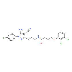 ChemSpider 2D Image | N-{3-[5-Amino-4-cyano-1-(4-fluorophenyl)-1H-pyrazol-3-yl]propyl}-4-(2,3-dichlorophenoxy)butanamide | C23H22Cl2FN5O2