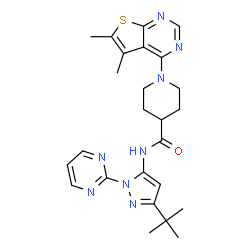 ChemSpider 2D Image | 1-(5,6-Dimethylthieno[2,3-d]pyrimidin-4-yl)-N-[3-(2-methyl-2-propanyl)-1-(2-pyrimidinyl)-1H-pyrazol-5-yl]-4-piperidinecarboxamide | C25H30N8OS