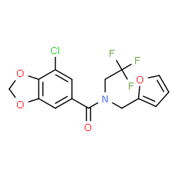 ChemSpider 2D Image | 7-Chloro-N-(2-furylmethyl)-N-(2,2,2-trifluoroethyl)-1,3-benzodioxole-5-carboxamide | C15H11ClF3NO4