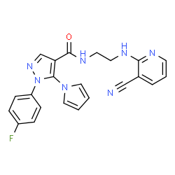 ChemSpider 2D Image | N-{2-[(3-Cyano-2-pyridinyl)amino]ethyl}-1-(4-fluorophenyl)-5-(1H-pyrrol-1-yl)-1H-pyrazole-4-carboxamide | C22H18FN7O