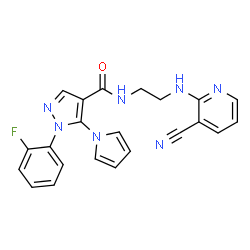 ChemSpider 2D Image | N-{2-[(3-Cyano-2-pyridinyl)amino]ethyl}-1-(2-fluorophenyl)-5-(1H-pyrrol-1-yl)-1H-pyrazole-4-carboxamide | C22H18FN7O