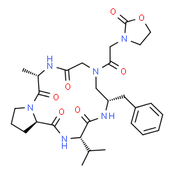 ChemSpider 2D Image | (3S,6S,12S,17aR)-6-Benzyl-3-isopropyl-12-methyl-8-[(2-oxo-1,3-oxazolidin-3-yl)acetyl]dodecahydro-1H-pyrrolo[1,2-a][1,4,7,10,13]pentaazacyclopentadecine-1,4,10,13(5H)-tetrone | C29H40N6O7