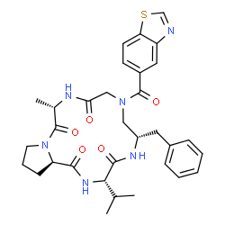 ChemSpider 2D Image | (3S,6S,12S,17aR)-8-(1,3-Benzothiazol-5-ylcarbonyl)-6-benzyl-3-isopropyl-12-methyldodecahydro-1H-pyrrolo[1,2-a][1,4,7,10,13]pentaazacyclopentadecine-1,4,10,13(5H)-tetrone | C32H38N6O5S