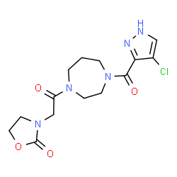 ChemSpider 2D Image | 3-(2-{4-[(4-Chloro-1H-pyrazol-3-yl)carbonyl]-1,4-diazepan-1-yl}-2-oxoethyl)-1,3-oxazolidin-2-one | C14H18ClN5O4