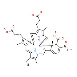 ChemSpider 2D Image | 3-[(23S,24R)-14-ethenyl-9-(3-methoxy-3-oxopropyl)-22,23-bis(methoxycarbonyl)-4,10,15,24-tetramethyl-25,26,27,28-tetraazahexacyclo[16.6.1.1³,?.1?,¹¹.1¹³,¹?.0¹?,²?]octacosa-1,3,5,7,9,11(27),12,14,16,18(25),19,21-dodecaen-5-yl]propanoic acid | C41H42N4O8