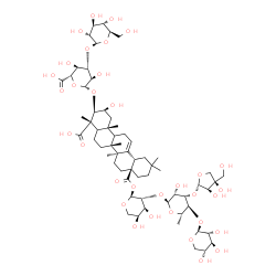 ChemSpider 2D Image | beta-D-Xylopyranosyl-(1->4)-6-deoxy-3-O-[(2S,3R,4R)-3,4-dihydroxy-4-(hydroxymethyl)tetrahydro-2-furanyl]-alpha-L-mannopyranosyl-(1->2)-1-O-[(2beta,3beta,5xi,9xi)-3-{[3-O-(beta-D-glucopyranosyl)-beta-D
-glucopyranuronosyl]oxy}-2,23-dihydroxy-23,28-dioxoolean-12-en-28-yl]-alpha-L-arabinopyranose | C63H98O33