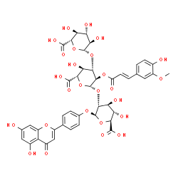 ChemSpider 2D Image | 4-(5,7-Dihydroxy-4-oxo-4H-chromen-2-yl)phenyl beta-D-glucopyranuronosyl-(1->3)-2-O-[(2E)-3-(4-hydroxy-3-methoxyphenyl)-2-propenoyl]-beta-D-glucopyranuronosyl-(1->2)-beta-D-glucopyranosiduronic acid | C43H42O26