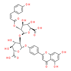 ChemSpider 2D Image | 4-(5,7-Dihydroxy-4-oxo-4H-chromen-2-yl)phenyl 2-O-{2-O-[(2Z)-3-(4-hydroxyphenyl)-2-propenoyl]-beta-D-glucopyranuronosyl}-beta-D-glucopyranosiduronic acid | C36H32O19