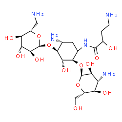 ChemSpider 2D Image | 4-Amino-N-{(2R,3R,4S,5R)-5-amino-2-[(3-amino-3-deoxy-alpha-L-glucopyranosyl)oxy]-4-[(6-amino-6-deoxy-alpha-L-glucopyranosyl)oxy]-3-hydroxycyclohexyl}-2-hydroxybutanamide | C22H43N5O13