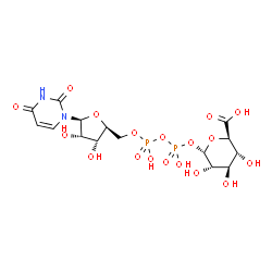 ChemSpider 2D Image | (2R,3R,4R,5S,6S)-6-{[{[{[(2S,3R,4S,5S)-5-(2,4-Dioxo-3,4-dihydro-1(2H)-pyrimidinyl)-3,4-dihydroxytetrahydro-2-furanyl]methoxy}(hydroxy)phosphoryl]oxy}(hydroxy)phosphoryl]oxy}-3,4,5-trihydroxytetrahydro
-2H-pyran-2-carboxylic acid (non-preferred name) | C15H22N2O18P2