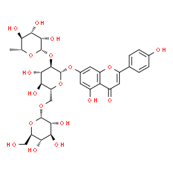 ChemSpider 2D Image | 5-Hydroxy-2-(4-hydroxyphenyl)-4-oxo-4H-chromen-7-yl 6-deoxy-beta-D-mannopyranosyl-(1->2)-[alpha-D-glucopyranosyl-(1->6)]-beta-D-glucopyranoside | C33H40O19