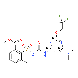 ChemSpider 2D Image | Methyl 2-({[4-(dimethylamino)-6-(2,2,2-trifluoroethoxy)(~14~C_3_)-1,3,5-triazin-2-yl]carbamoyl}sulfamoyl)-3-methyl(alpha-~14~C)benzoate | C1314C4H19F3N6O6S