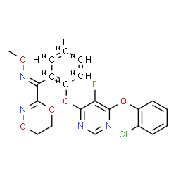 ChemSpider 2D Image | (E)-1-[2-{[6-(2-Chlorophenoxy)-5-fluoro-4-pyrimidinyl]oxy}(~14~C_6_)phenyl]-1-(5,6-dihydro-1,4,2-dioxazin-3-yl)-N-methoxymethanimine | C1514C6H16ClFN4O5