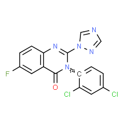 ChemSpider 2D Image | 3-[2,4-Dichloro(1-~14~C)phenyl]-6-fluoro-2-(1H-1,2,4-triazol-1-yl)-4(3H)-quinazolinone | C1514CH8Cl2FN5O