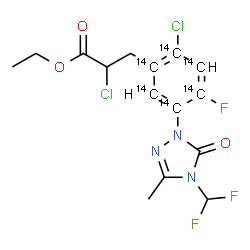 ChemSpider 2D Image | Ethyl 2-chloro-3-{2-chloro-5-[4-(difluoromethyl)-3-methyl-5-oxo-4,5-dihydro-1H-1,2,4-triazol-1-yl]-4-fluoro(~14~C_6_)phenyl}propanoate | C914C6H14Cl2F3N3O3
