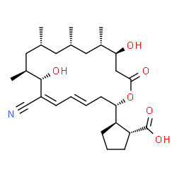 ChemSpider 2D Image | (1R,2R)-2-[(2S,4E,6Z,8S,9S,11R,13S,15S,16S)-7-Cyano-8,16-dihydroxy-9,11,13,15-tetramethyl-18-oxooxacyclooctadeca-4,6-dien-2-yl]cyclopentanecarboxylic acid | C28H43NO6