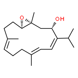 ChemSpider 2D Image | (1R,3S,4Z,6E,10E,14R)-4-Isopropyl-1,7,11-trimethyl-15-oxabicyclo[12.1.0]pentadeca-4,6,10-trien-3-ol | C20H32O2