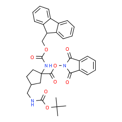 ChemSpider 2D Image | 2-Methyl-2-propanyl [(3-{[(1,3-dioxo-1,3-dihydro-2H-isoindol-2-yl)oxy]carbonyl}-3-{[(9H-fluoren-9-ylmethoxy)carbonyl]amino}cyclopentyl)methyl]carbamate | C35H35N3O8