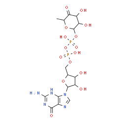 ChemSpider 2D Image | [5-(2-Amino-6-oxo-3,6-dihydro-9H-purin-9-yl)-3,4-dihydroxytetrahydro-2-furanyl]methyl 3,4-dihydroxy-6-methyl-5-oxotetrahydro-2H-pyran-2-yl dihydrogen diphosphate | C16H23N5O15P2