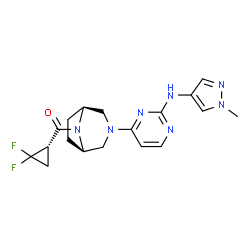 ChemSpider 2D Image | [(1S)-2,2-Difluorocyclopropyl][(1R,5S)-3-{2-[(1-methyl-1H-pyrazol-4-yl)amino]-4-pyrimidinyl}-3,8-diazabicyclo[3.2.1]oct-8-yl]methanone | C18H21F2N7O