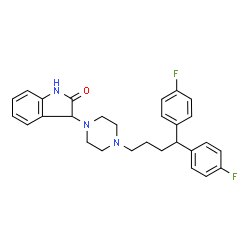 ChemSpider 2D Image | 3-{4-[4,4-Bis(4-fluorophenyl)butyl]-1-piperazinyl}-1,3-dihydro-2H-indol-2-one | C28H29F2N3O