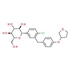 ChemSpider 2D Image | (1S)-1,5-Anhydro-1-{4-chloro-3-[4-(tetrahydro-3-furanyloxy)benzyl]phenyl}-D-glucitol | C23H27ClO7