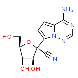 ChemSpider 2D Image | (2R,3S,5R)-2-(4-Aminopyrrolo[2,1-f][1,2,4]triazin-7-yl)-3,4-dihydroxy-5-(hydroxymethyl)tetrahydro-2-furancarbonitrile (non-preferred name) | C12H13N5O4