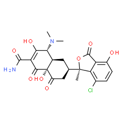 ChemSpider 2D Image | (4R,4aR,6R,8aR)-6-[(1R)-7-Chloro-4-hydroxy-1-methyl-3-oxo-1,3-dihydro-2-benzofuran-1-yl]-4-(dimethylamino)-3,8a-dihydroxy-1,8-dioxo-1,4,4a,5,6,7,8,8a-octahydro-2-naphthalenecarboxamide | C22H23ClN2O8