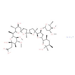 ChemSpider 2D Image | Ammonium [(2S,3R,4R,5S,6R)-6-{(1S)-1-[(2S,5R,7S,8R,9S)-2-{(2S,2'R,3'S,5R,5'R)-3'-{[(2S,4R,5R,6R)-4,5-dimethoxy-6-methyltetrahydro-2H-pyran-2-yl]oxy}-5'-[(2S,3S,5R,6S)-6-hydroxy-3,5,6-trimethyltetrahyd
ro-2H-pyran-2-yl]-2-methyloctahydro-2,2'-bifuran-5-yl}-9-hydroxy-2,8-dimethyl-1,6-dioxaspiro[4.5]dec-7-yl]ethyl}-2-hydroxy-4,5-dimethoxy-3-methyltetrahydro-2H-pyran-2-yl]acetate (non-preferred name) | C47H83NO17