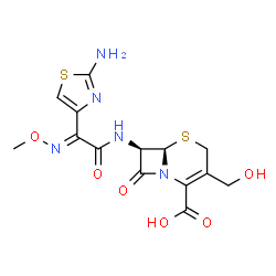ChemSpider 2D Image | (6R,7R)-7-{[(2E)-2-(2-Amino-1,3-thiazol-4-yl)-2-(methoxyimino)acetyl]amino}-3-(hydroxymethyl)-8-oxo-5-thia-1-azabicyclo[4.2.0]oct-2-ene-2-carboxylic acid | C14H15N5O6S2