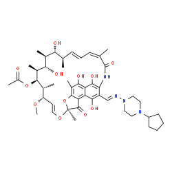 ChemSpider 2D Image | (7S,9E,11S,12R,13S,14S,15S,16S,17R,18R,19E,21Z)-26-{(E)-[(4-Cyclopentyl-1-piperazinyl)imino]methyl}-2,15,17,27,29-pentahydroxy-11-methoxy-3,7,12,14,16,18,22-heptamethyl-6,23-dioxo-8,30-dioxa-24-azatet
racyclo[23.3.1.1~4,7~.0~5,28~]triaconta-1(28),2,4,9,19,21,25(29),26-octaen-13-yl acetate | C47H64N4O12